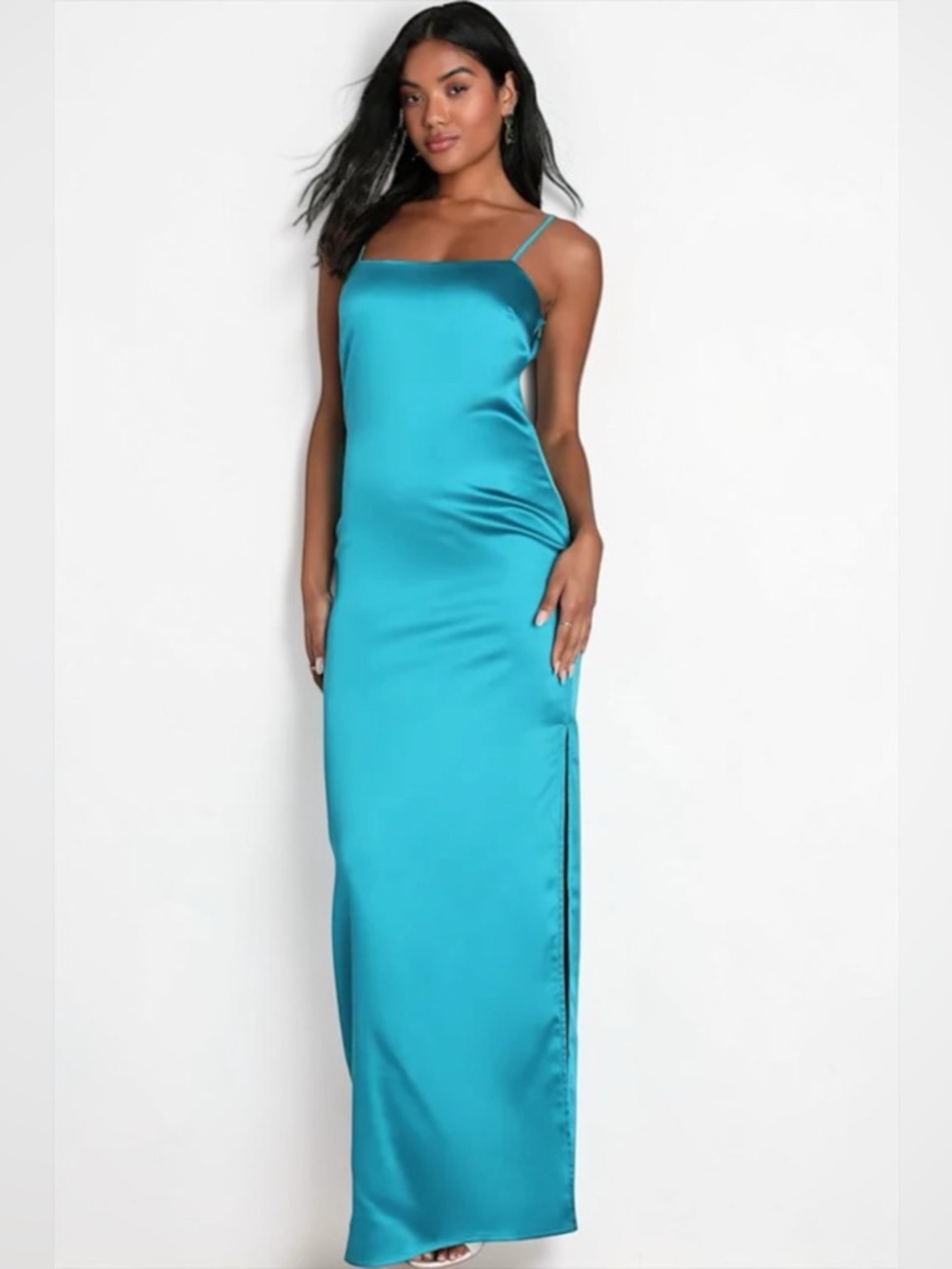 Lulu's Teal Satin Slip Maxi Dress with Side Slit Medium New With Tags